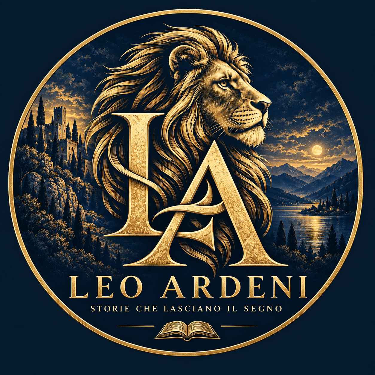 Emblema di Leo Ardeni: leone dorato intrecciato al monogramma LA, tra un castello e un paesaggio al crepuscolo
